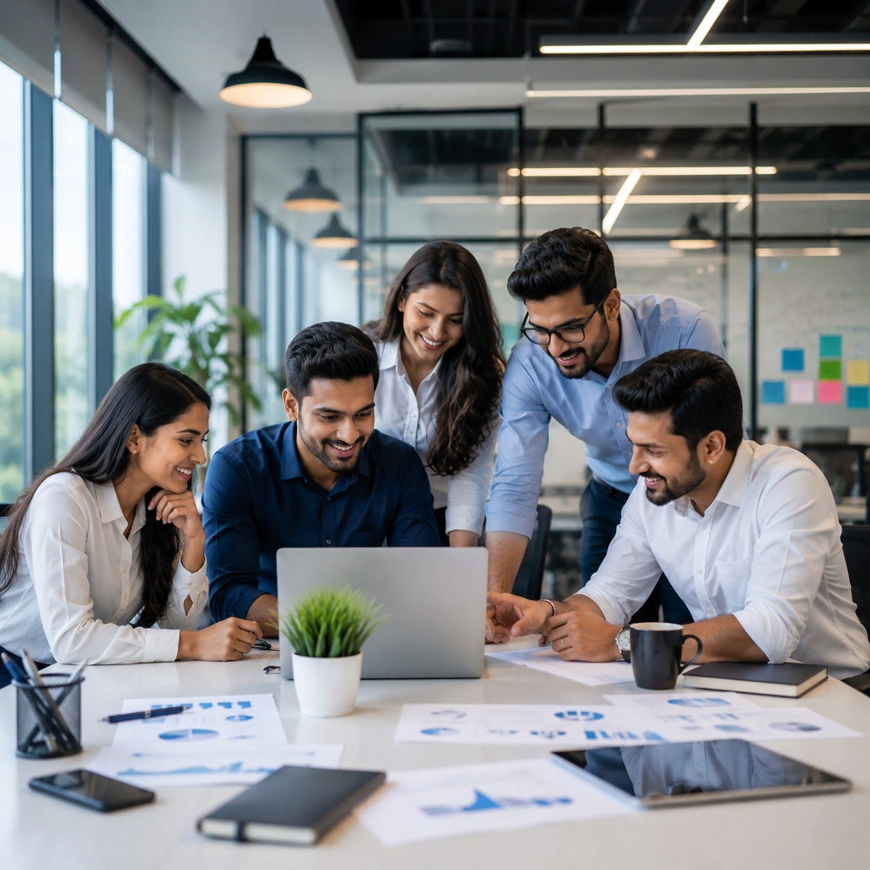 Professional business team collaborating in a modern office