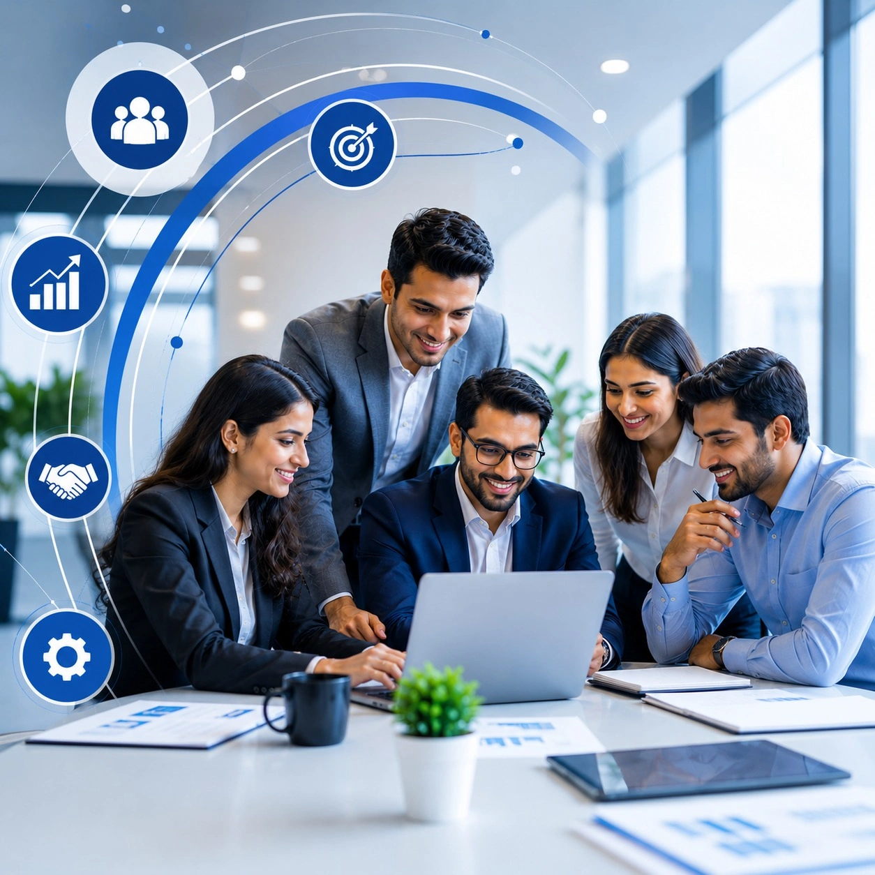 Professional team meeting in a modern office discussing IT solutions