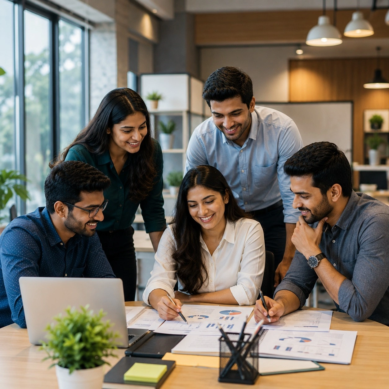 Professional business team collaborating and discussing projects in a modern office environment in Ulhasnagar
